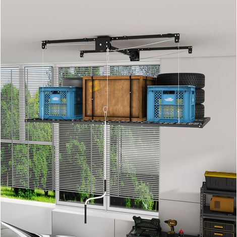 Portaoggetti da soffitto per garage 120x240 cm, sistema a manovella, blocco manuale, acciaio nero (1/5)