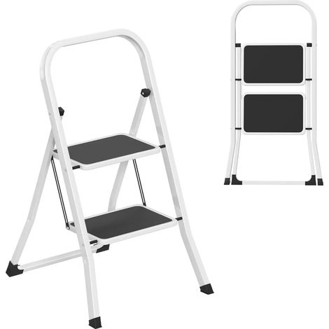 Escabeau pliant TRMLBE, 2 marches, petit escabeau avec marches larges et rampe, blanc, escabeau pliant en métal, escabeau domestique, capacité de charge jusqu'à 270 kg (1/4)