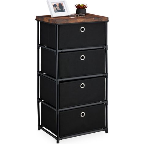 Relaxdays Kommode, 4 Stoffschubladen, Metall, Holzoptik, 85x43x33 cm, Wohnzimmer, Flur, Beistellkommode, schwarz/braun
