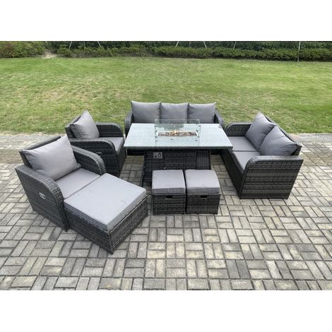 Fimous 10-Sitzer Polyrattan Gartenmöbelset Gasfeuerstelle Esstisch und Sofa Sessel set mit 3 Hockern (1/5)