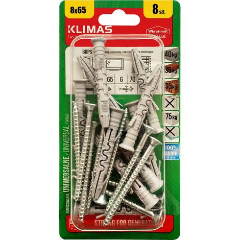 Chevilles De Cadre Klimas 8 x 65, Tete Fraisee PZ3, Blister De 8