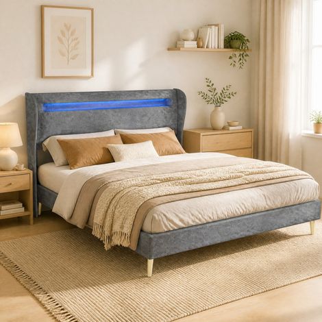 DESMIU Lit adulte 160 × 200 cm 2 places avec LED, dossier réglable, sans matelas, tissu et métal, gris (1/5)