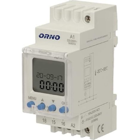 Programmateur horaire astronomique 24-264V AC/DC – 16A – 52 programmes – Rail DIN – Simulateur de présence – LCD rétroéclairé – Orno