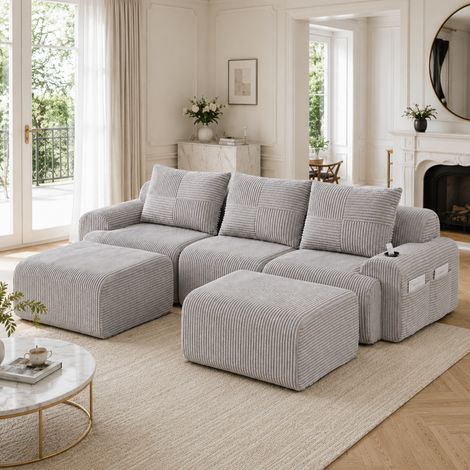 Canapé Modulable 3 Places avec 2 Poufs en Velours Côtelé Gris Clair 268 x 174 x 80 cm -PANGIVO (1/5)
