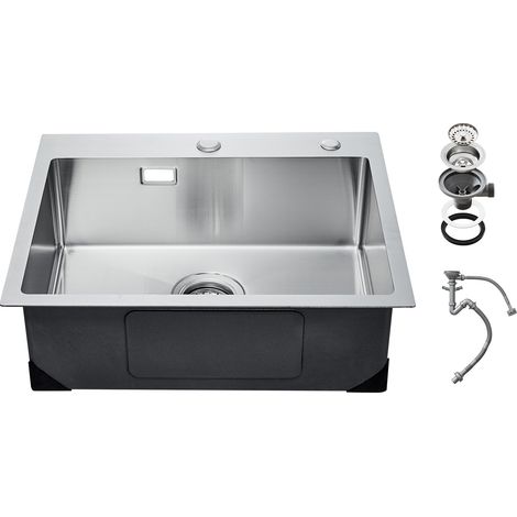 Évier de cuisine, 68 cm, évier à montage par le haut en acier inox 304, évier à poser à encastrer cuve simple avec accessoires, évier de lave-vaisselle ménager pour camping-car, cuisine, bar (1/5)