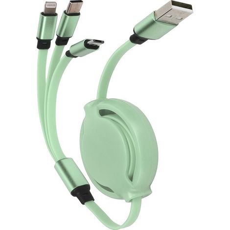 Câble de charge rétractable 3 en 1 avec connecteurs Type-C, Lightning et Micro USB, vert matcha, 3A rapide (1/5)