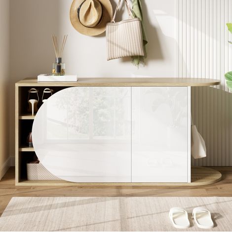 Zapatero de 104x37x50 cm, con 1 puerta semicircular y 1 puerta rectangular, con gancho lateral, en color blanco y efecto madera. (1/5)