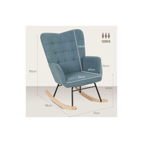 Fauteuil à bascule bleu clair en tissu bouclé avec accoudoirs et assise rembourrée sur patins en bois pour salon et chambre (1/5)
