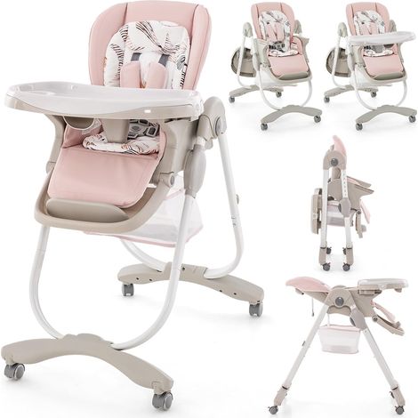 COSTWAY Hochstuhl Baby klappbar, Babystuhl mit Liegefunktion, Rädern & Doppeltablett, Aufbewahrungstasche, Kinderhochstuhl mit verstellbarer Höhe, Fußstütze & Rückenlehne für 6–36 Monate Rosa