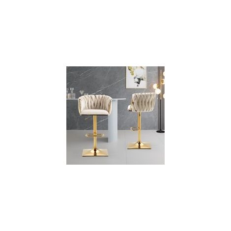Lot de 2 tabourets de bar réglable en hauteur avec dossier et repose-pieds, velours, beige (1/5)
