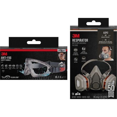 Pack 3M™ : Lunettes-masque de sécurité anti-buée 2891 EN 166 et Kit demi-masque respiratoire 6002 A2P2 peinture ponçage