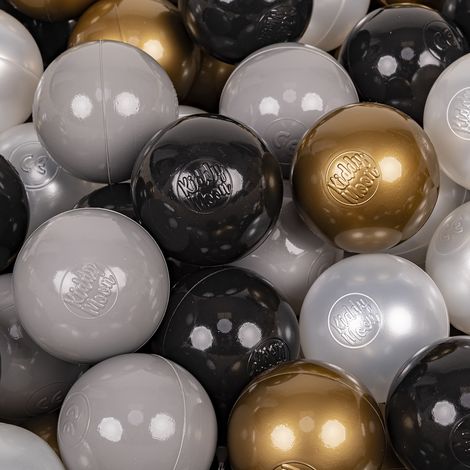 Set di 50 palline di plastica KiddyMoon da 7 cm, colori nero, perla, oro e grigio. (1/2)