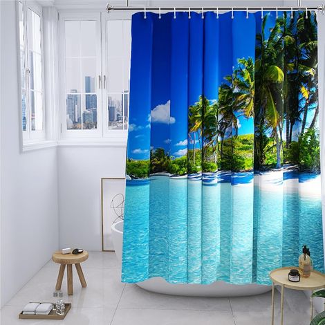Rideau de douche, motifs de mer, plage, océan et palmiers, pour baignoire, en textile, résistant à la moisissure, lavable en machine, avec 12 œillets en métal, (l x H) 180 x 180 cm (1/5)