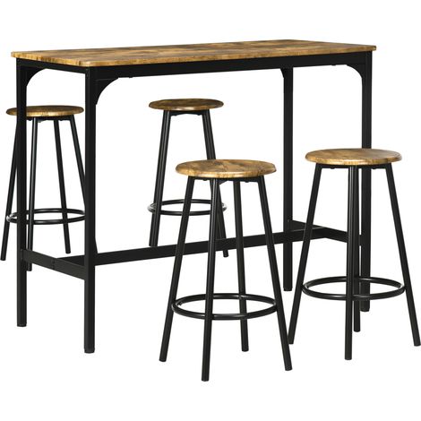 Stehtisch und 4 Hocker mit Fußstützen, schwarzes Metall mit Holzoptik, für Küche und Esszimmer