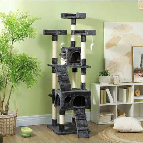 Árbol rascador XXL gris con caseta, plataformas y escaleras 49 x 49 x 173 cm, MDF OKMYHOME (1/5)