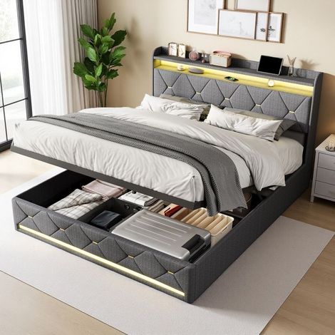 Cama doble 140x200 cm en lino gris, Cama con arcón 140x200 cm con botones dorados, Almacenamiento hidráulico, Iluminación LED, Estilo clásico (1/5)