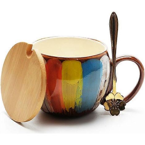 Kaffeebecher, 480 ml, Keramik, mit Reisdeckel und goldenem Löffel. (1/5)