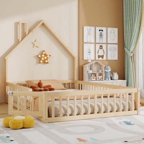 Lit Cabane Enfant 140x200 cm avec Cheminée - Structure en Bois de Pin - Style Minimaliste - Sommier à lattes inclus - Naturel (1/5)
