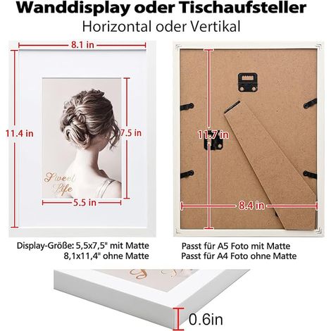 Cadres photo 21x30cm (A4) Blanc, En bois composite avec verre véritable - Horizontal ou Vertical pour accrocher au mur ou décorer une table