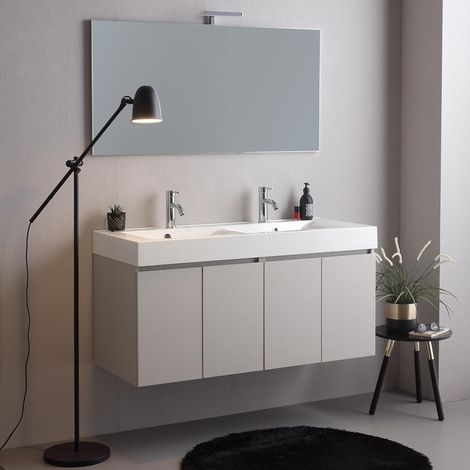 Meuble Salle De Bain 120Cm 4 Portes Gris Perle, Double Lavabo Et Miroir 120X60 Vittoria