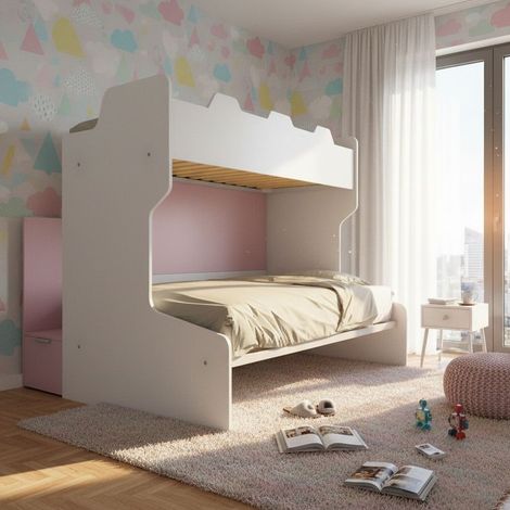 Letto a castello salvaspazio con scala contenitore - 1 Piazza e mezza + singolo - bianco e cipria
