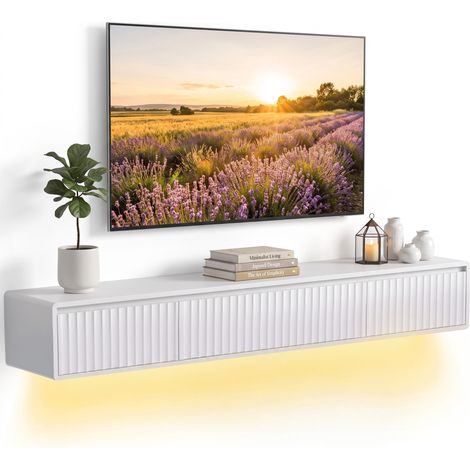 Meuble Tv Suspendu Flottant Blanc 160 cm Led (1/5)