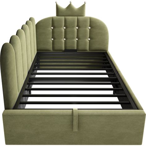 Letto a giorno imbottito 90x200 cm in velluto verde con contenitore, design corona e griglia (1/5)