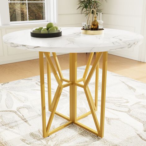 Table à manger ronde 80x80x76 cm dorée en MDF et métal avec plateau effet marbre et pieds réglables (1/5)