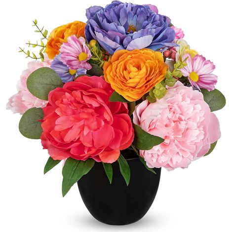 Pivoines artificielles de 34 cm dans un pot noir - Arrangements floraux en soie - Fleurs artificielles de printemps - Décoration de salon, table à manger, bureau (1/5)
