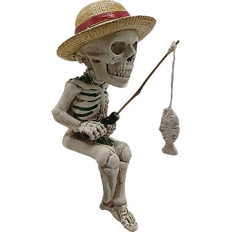 [Escultura decorativa 3D] - Escultura gótica de calavera de pescador hecha de resina, decoración para jardín/estanque/fuente (caña de pescar extraíble + respaldo adhesivo, sombrero de paja)