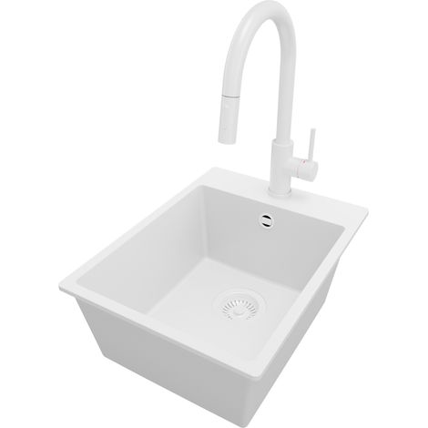 PRIMAGRAN Evier Cuisine en Granit 38x50cm, Lavabo 1 bac + Robinet 40x20cm + Kit de Vidage, Évier à Encastrer au meuble 40cm - Riga, Tout Blanc