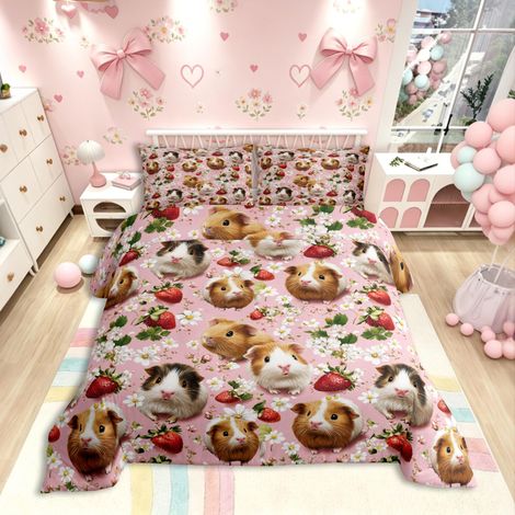 Housse de couette 135 x 200 cm, pour enfants, filles, adolescentes, motif cochon d'Inde mignon, joli motif animal, dessin animé, fraise, motif floral réversible, rose (1/5)