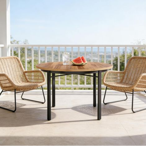 REDOM - Mesa de comedor ronde 118.5x118.5x76 cm, pour 4 à 6 personnes, surface facile à nettoyer, MDF et métal noir et marron (1/5)