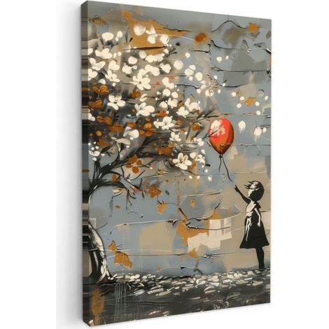 CUADRO EN LIENZO Árbol - Graffiti - Estilo Banksy - Chica Globo Lienzo Para Dormitorios 60x90 cm