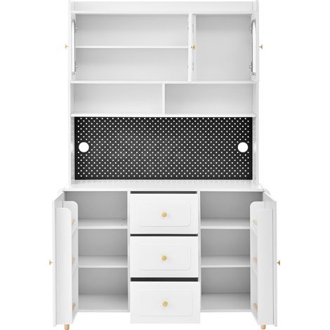 Armoire haute avec panneau perforé et pieds en bois massif, buffet de bar avec espace de rangement, buffet de cuisine avec tiroirs, idéale pour la cuisine et la salle à manger (blanc)