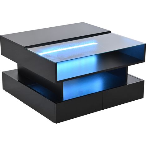 Table basse carrée noire 80x80x45 cm avec plateau relevable, rangements dissimulés, 2 tiroirs et éclairage LED (1/5)