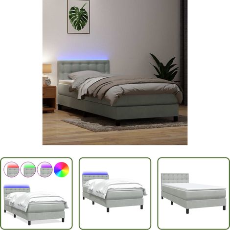 vidaXL LED-Leuchten - Boxspringbett mit Matratze & LED Hellgrau 80x210 cm Samt (1/5)