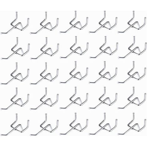 50pcs Crochets pour Panneaux Perforés, Espacement des Trous de 25 mm Épaisseur 32 mm Longueur 50 mm Crochets Muraux Garage Crochets pour Panneaux Muraux Outils Rangement de Garage (Argen (1/5)