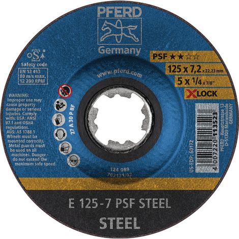 Muela abrasiva X-LOCK PSF STEEL D125x 7.2 mm taladro de acero desplazado 22.23 (paquete de 10)