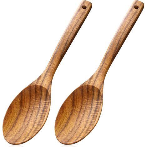 Lot de 2 cuillères de cuisine en bois d'acacia naturel, 30,5 cm, grande cuillère à mélanger en bois pour mélanger, cuire, servir et remuer, prise en main confortable, sans danger pour les ustensiles (1/5)