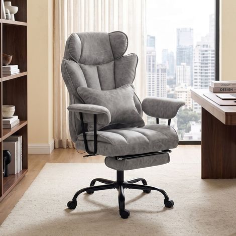 Silla de oficina masajeadora de 6 puntos con calefacción, reposapiés, respaldo reclinable, piel sintética gris (1/5)