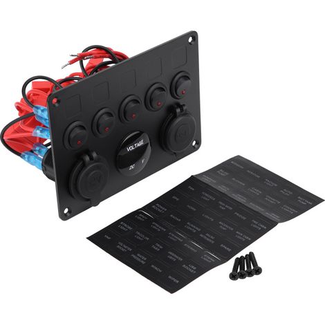 Panneau de commande à 5 interrupteurs marche/arrêt 12-24 V avec double port USB et voltmètre pour voiture, bateau, camion, véhicule tout-terrain et LED rouge (1/5)