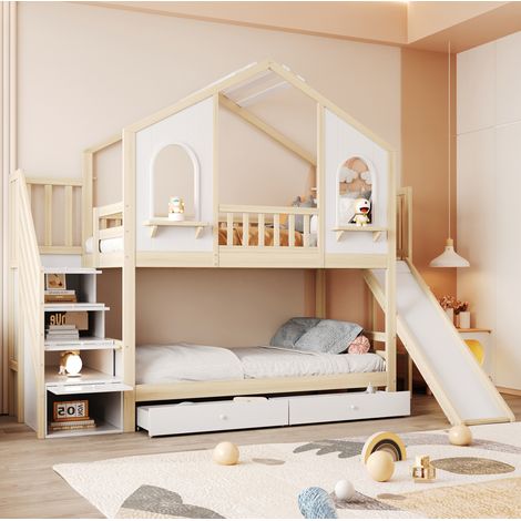 Lit superposé 90x200 cm avec toboggan, lit enfant avec échelle, 2 tiroirs, protection antichute et grille, naturel et blanc (1/5)