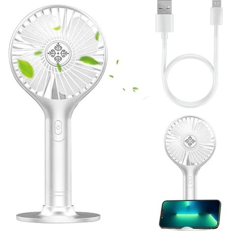 Mini-USB-Handventilator, klein, mit Akku (1200 mAh), 3 Windstufen, leise, mit Handyhalterung, ideal für Reisen, Zuhause und Büro.