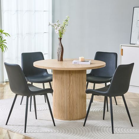 Conjunto de 5 Mesa y Sillas de Comedor, 1 Mesa y 4 Sillas, en MDF y PU, Negro y Madera Natural (1/5)