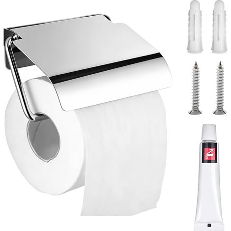 Devidoir Papier Toilette Mural, Acier Inoxydable Porte Papier Toilette Mural avec Couvercle pour la Fixation par Adhésif ou par Vis (Brillant, Argenté) (1/5)
