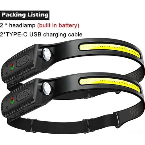 Lampe frontale rechargeable avec indicateur LED (1200 mAh, lot de 2), batterie intégrée de 1200 mAh, idéale pour le camping et la pêche en extérieur. (1/5)