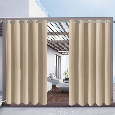 Qelus Lot de 2 Rideaux d'extérieur Imperméables à oeillets - 132x274cm - Beige - Isolation thermique, pour Pergola Terrasse (1/5)