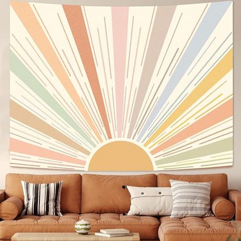 BEBUSINGOTO Tapisserie murale bohème à suspendre, style rétro années 70, abstrait, rayé, esthétique, lever de soleil, vintage, pour chambre à coucher, salon, 150 x 130 cm (1/4)