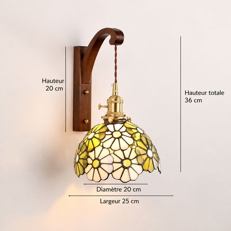 Applique murale style Tiffany vitrail marguerite et bois vert, lumière chaude, 28 × 28 × 26 cm, 5 kg – Livraison gratuite